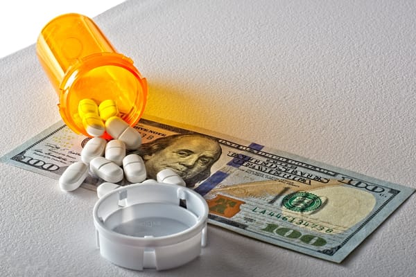 Picture of a prescription pill bottle and pills with a hundred dollar bill 