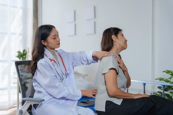 Picture of a doctor evaluating shoulder pain in a senior woman 