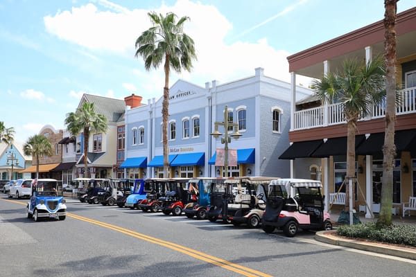 Town center at The Villages in Florida with golf carts as the primary mode of transportation 