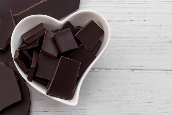 Image of a heart shaped bowl of dark chocolates