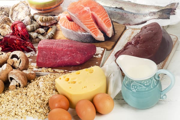 Picture of foods high in Vitamin B12 including fish, beef, eggs, and dairy