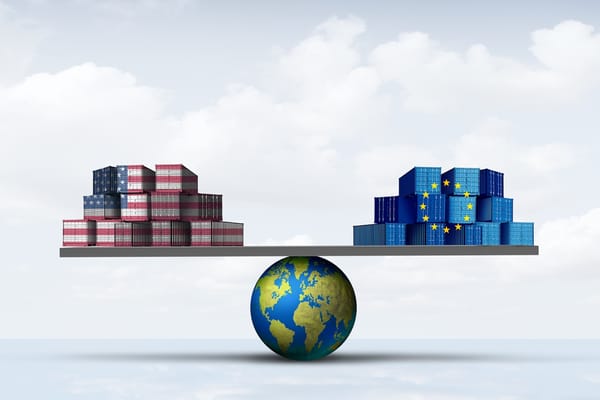 Image of US and EU shipping containers balanced on a globe