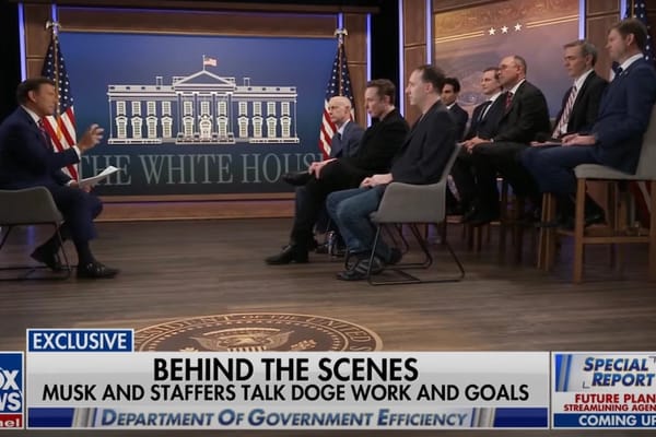 Picture of Bret Beir interviewing Elon Musk and the DOGE team