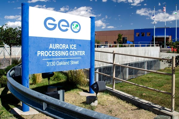 Photo of the sign at the entrance to an ICE detention center managed by GEO