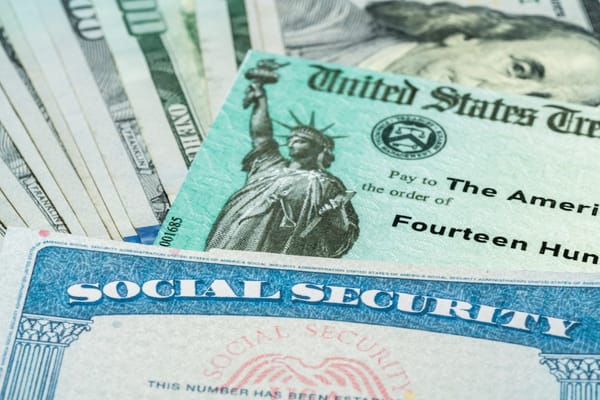 Picture of a social security card, US Treasury check, and hundred dollar bill