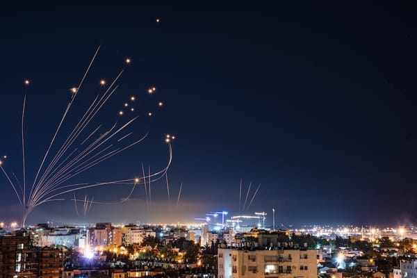 Picture of Israel's Iron Dome system intercepting incoming missiles 
