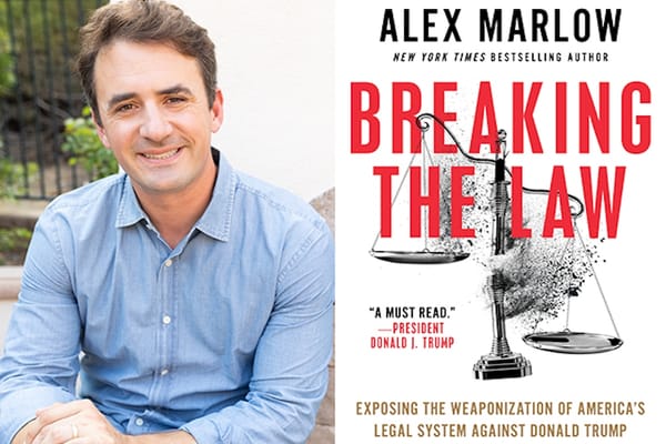 Picture of Alex Marlow alongside the cover of his book 'Breaking The Law'. 