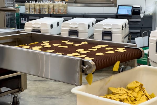 Picture of tortilla chips being manufactured 