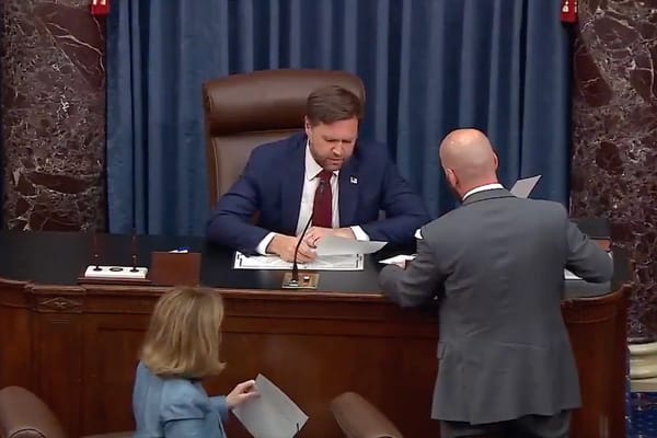 Photo of Vice President J.D. Vance casting a tie breaking vote in the U.S. Senate 