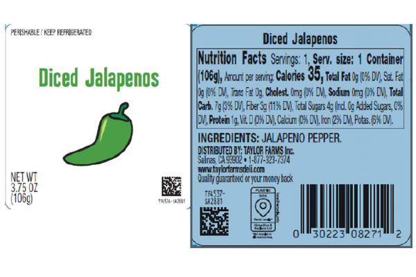 Recalled Hannaford Diced Jalapenos 3.75 oz package label with UPC 030223082712 from the FDA Salmonella recall