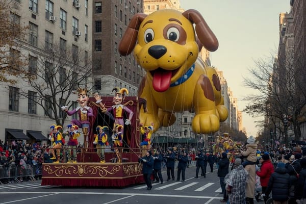 Handlers walk a giant parade balloon down Central Park West past barricades crowded with bundled-up spectators.