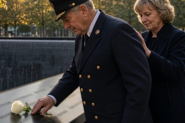 An older couple at the memorial parapet: the man, in dress uniform, traces a name beside a single white rose as she rests a hand on his back.