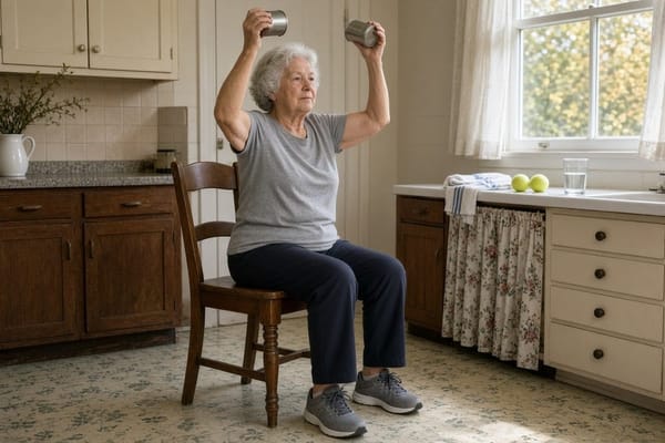 A woman in her seventies lifts two small cans overhead while seated on a kitchen chair in morning light.