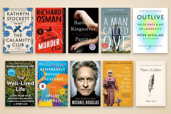 Covers of the 10 books on this reading list, from The Calamity Club, The Thursday Murder Club, and Partita at top left to One Helluva Ride and Theo of Golden at bottom right.