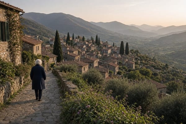 An older person with white hair walks along a stone lane past flowering shrubs, above the tiled roofs of a hillside village, with mountains behind, in low golden light.