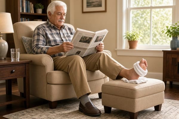 Older man with a white mustache reading the newspaper in an armchair, one foot raised on a footstool with a towel wrapped around it