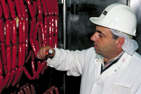 A food safety inspector in a white hard hat checks the temperature of hot dogs hanging in a processing plant