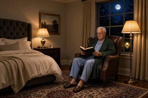 A man in pajamas and a robe reads a book in a leather armchair beside a moonlit window, in a lamplit bedroom in the middle of the night.